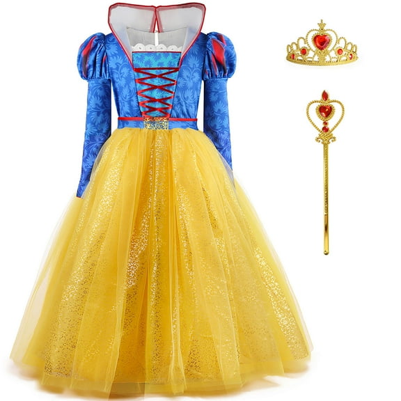 Princess Snow Costume with Crown Wand for Girls Halloween Movie Cosplay Dress Up, Size for 6-7 Year