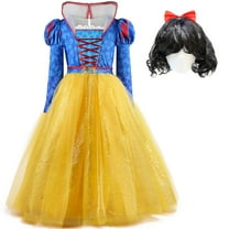 Princess Snow Costume with Wig for Girls Halloween Movie Cosplay Dress Up, Size for 7-8 Year