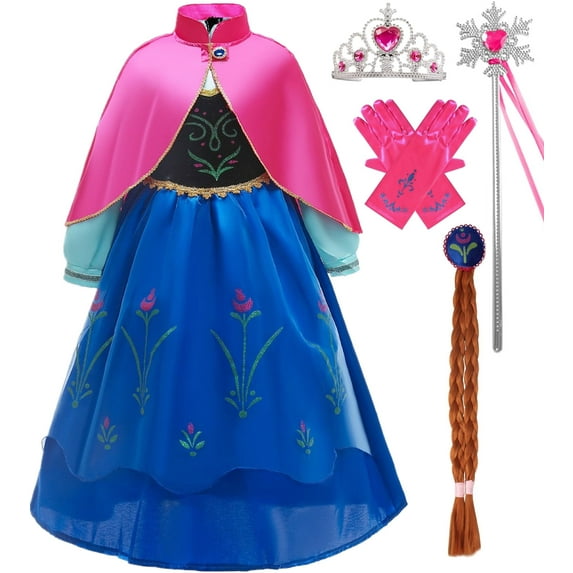 Princess Snow Queen Anna Costume for Girls Dress Up Kids Outfit with Cape Crown Wand Wig Gloves 3-4T(110)