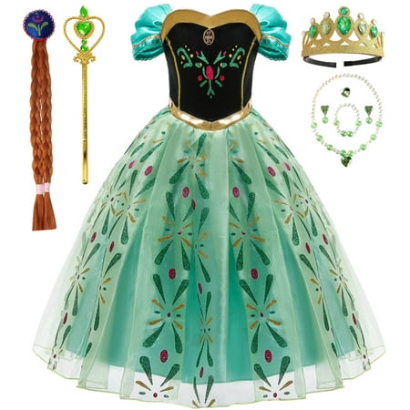 Princess Snow Queen Anna Dress for Girls Costume Kids Outfit with Crown Wand Wig Necklace 4-5T