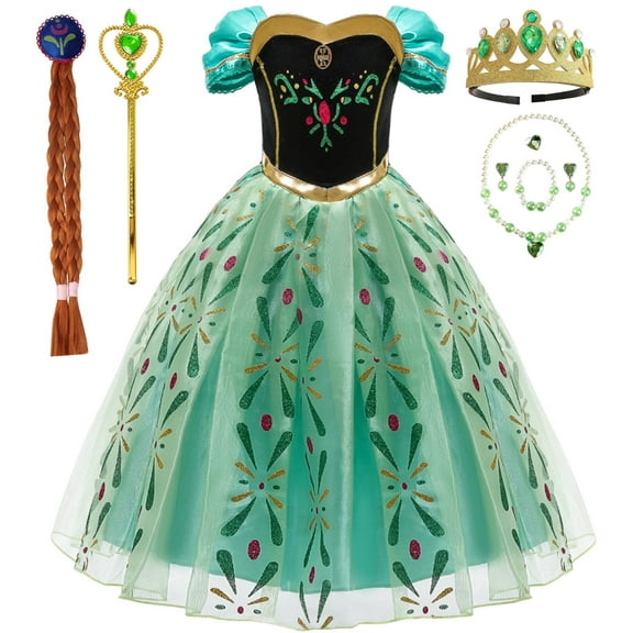 Princess Snow Queen Anna Dress for Girls Costume Kids Outfit with Crown Wand Wig Necklace 9-10Years