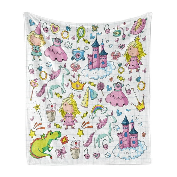Princess Soft Flannel Fleece Blanket, Bundle of Girls Kids Composition Fairytale Fantasy Characters Castles Accessories, Cozy Plush for Indoor and Outdoor Use, 70" x 90", Multicolor, by Ambesonne