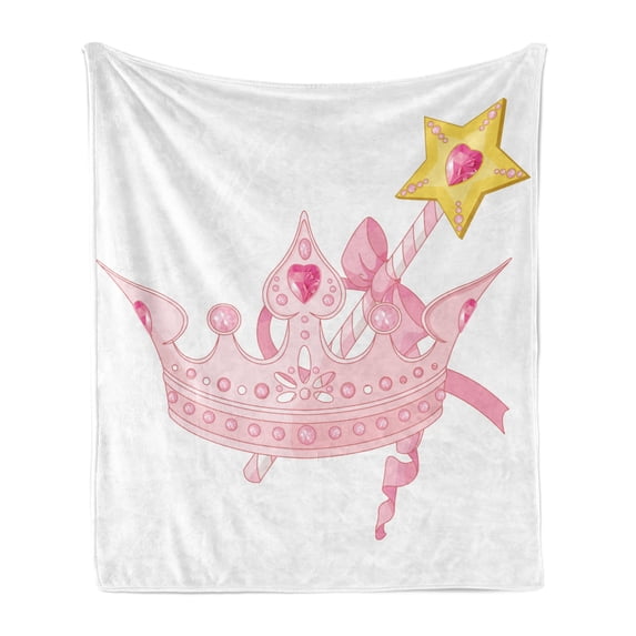 Princess Soft Flannel Fleece Blanket, Crown and Magic Wand for true Princess Ribbon Golden Yellow Antique Artwork, Cozy Plush for Indoor and Outdoor Use, 60" x 80", Pale Pink Yellow, by Ambesonne