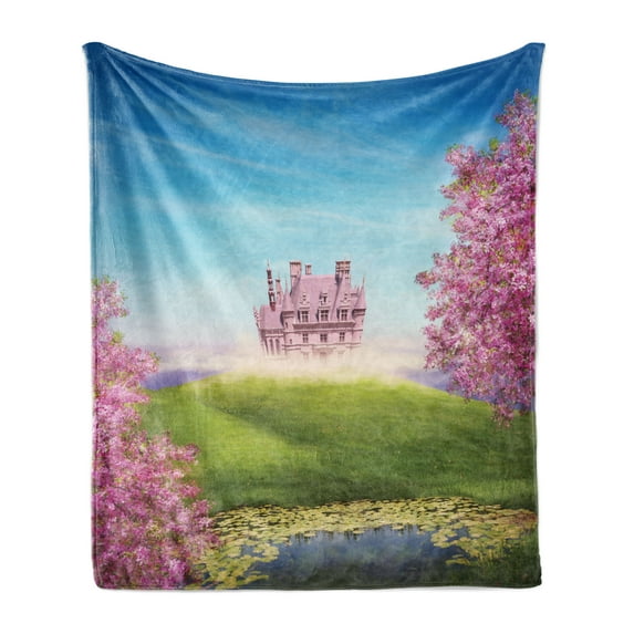 Princess Soft Flannel Fleece Blanket, Fairy Tale Landscape with Castle Cheery Blooms and Greenland Nature Romance, Cozy Plush for Indoor and Outdoor Use, 50" x 70", Pink Green Blue, by Ambesonne