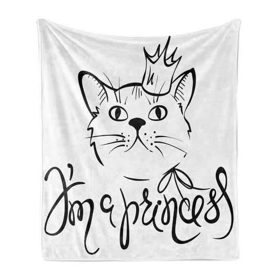 Princess Soft Flannel Fleece Blanket, I am a Princess Calligraphy Funny Cat with a Royal Crown Outline Drawing, Cozy Plush for Indoor and Outdoor Use, 50" x 70", Charcoal Grey White, by Ambesonne