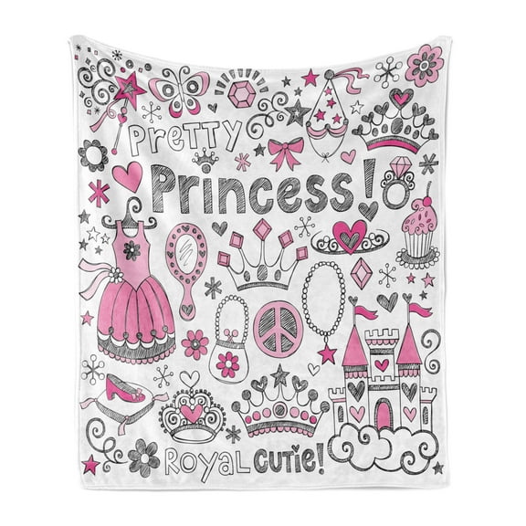 Princess Soft Flannel Fleece Throw Blanket, Fairy Tale Princess Tiara Crown Notebook Doodle Design Sketch Illustration, Cozy Plush for Indoor and Outdoor Use, 50" x 70", Grey Pink White, by Ambesonne