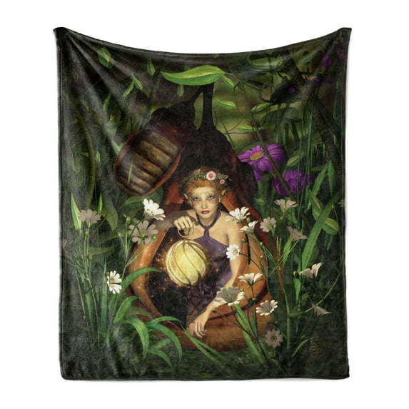 Princess Soft Flannel Fleece Throw Blanket, Female Elf Sitting with Lantern in Cocoon Mysterious Greenery Nighttime, Cozy Plush for Indoor and Outdoor Use, 50" x 60", Green Brown, by Ambesonne