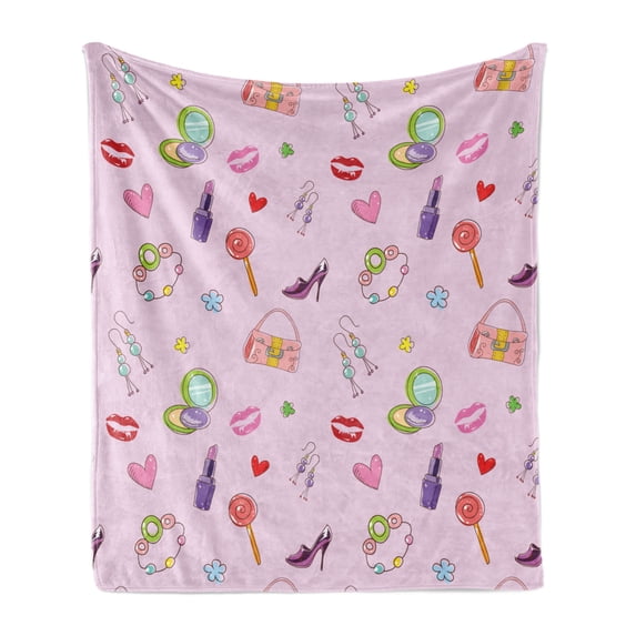 Princess Soft Flannel Fleece Throw Blanket, Girls Illustration with Fashion Accessories and Makeup Lollipop Flower Print, Cozy Plush for Indoor and Outdoor Use, 50" x 70", Multicolor, by Ambesonne