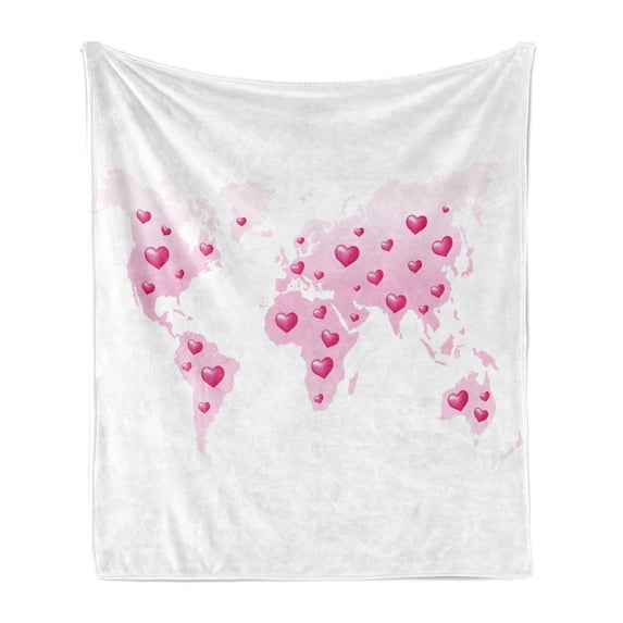 Princess Soft Flannel Fleece Throw Blanket, Global Peace Theme World Map Dotted with Hearts Love Planet Earth, Cozy Plush for Indoor and Outdoor Use, 70" x 90", Baby Pink White Fuchsia, by Ambesonne