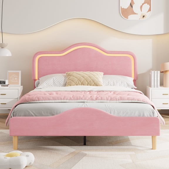 Princess Soft Upholstered LED Bed Frame - Adjustable Headboard & Footboard - Sturdy Platform, Wooden Slats, Easy Assembly, No Box Spring Needed, Full Size, Pink