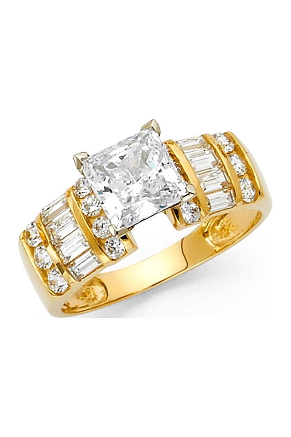 Princess Solitaire CZ Engagement Ring 14k Yellow Gold Anniversary Square CZ Band Side Stones Size 7