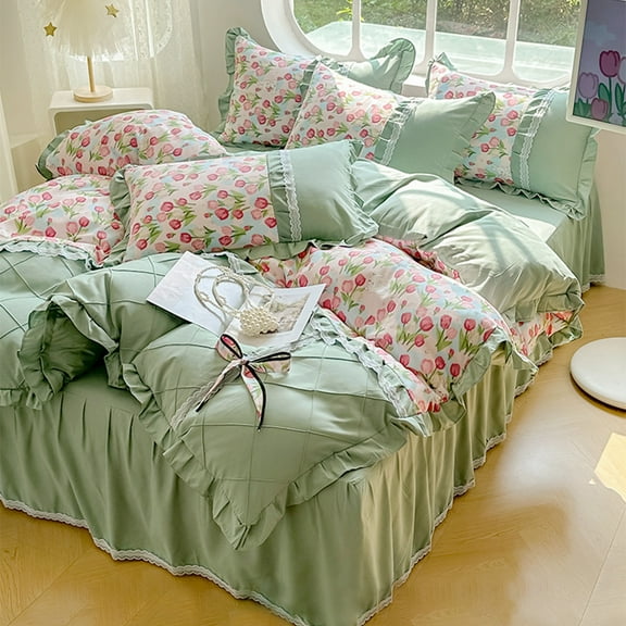 Princess Style Bedding 4 piece Set Bow 1.5m bed skirt Bed Quilt Cover pillowcase Sheets Lace flowers cute print
