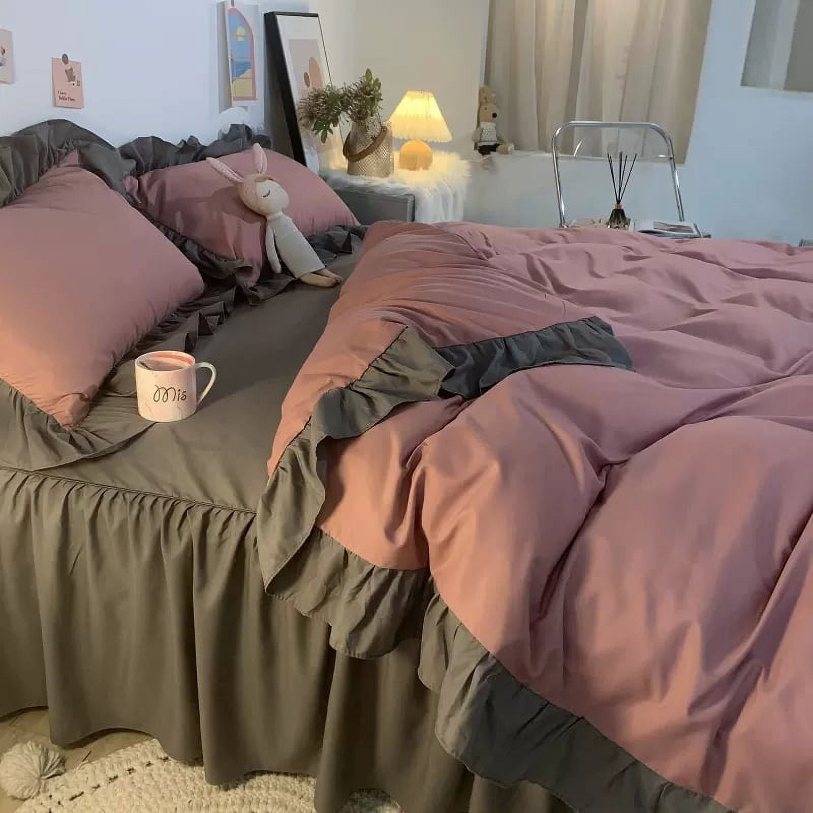 Princess Style Bedding Set For Woman Cute Girl Solid Color Ruffles ...