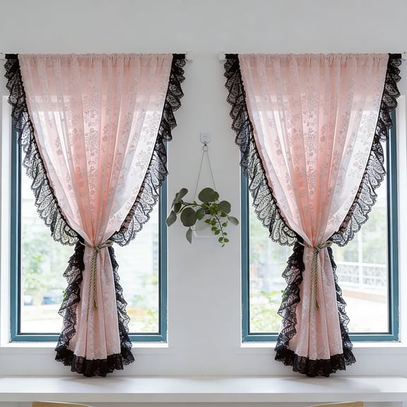 Princess Style Blush Pink Floral Lace Sheer Curtain Vintage Ruffled Black Lace Trim Short Curtain for Daughters Bedroom/Nursery Decor Retro Weave Knitted Kitchen Valance Rod Pocket 2 Panel 59Wx49L
