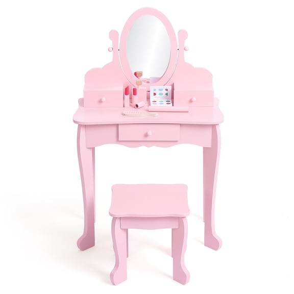 Princess Style Kids Vanity Set - Wooden Dressing Table with Adjustable Mirror, Drawer & Stool for Girls Ages 4-9 - Perfect for Pretend Play & Room Decor - Pink - Without Light