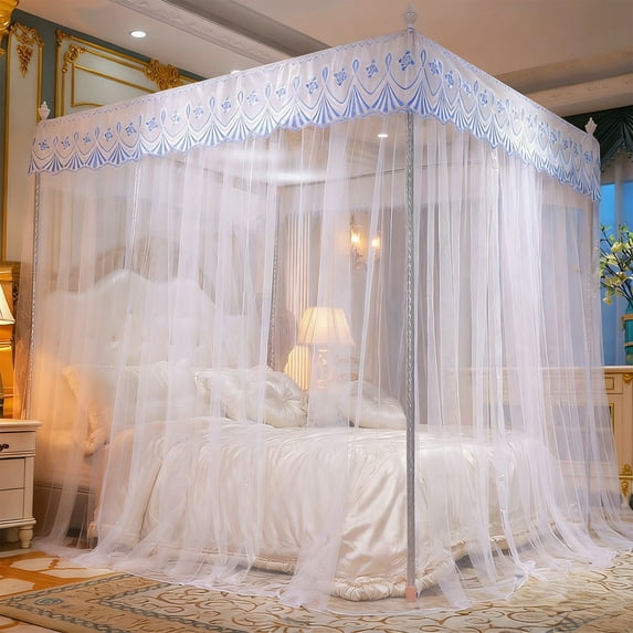 Princess-Style Mosquito Net,Floor-Length Bed Canopy for Bedroom Decoration,Three-Door Elegant Lace Mosquito Net for Singles,Double,Queen Beds,Romantic and Functional Bedroom Accessory-White