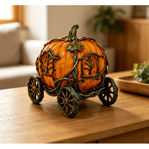 Princess Style Resin Pumpkin Carriage Vintage Harvest Ornament Vine Wrapped Coach for Home Shelf Halloween Thanksgiving Decor