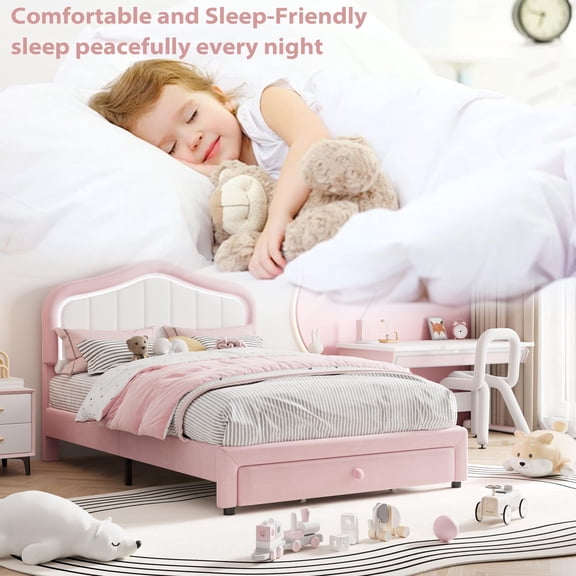 Princess Style Upholstered Platform Bed Frame with Smart LED Headboard and Storage Drawer - Full Size, Wooden Slats, No Box Spring Needed, Easy Assembly - Pink and White
