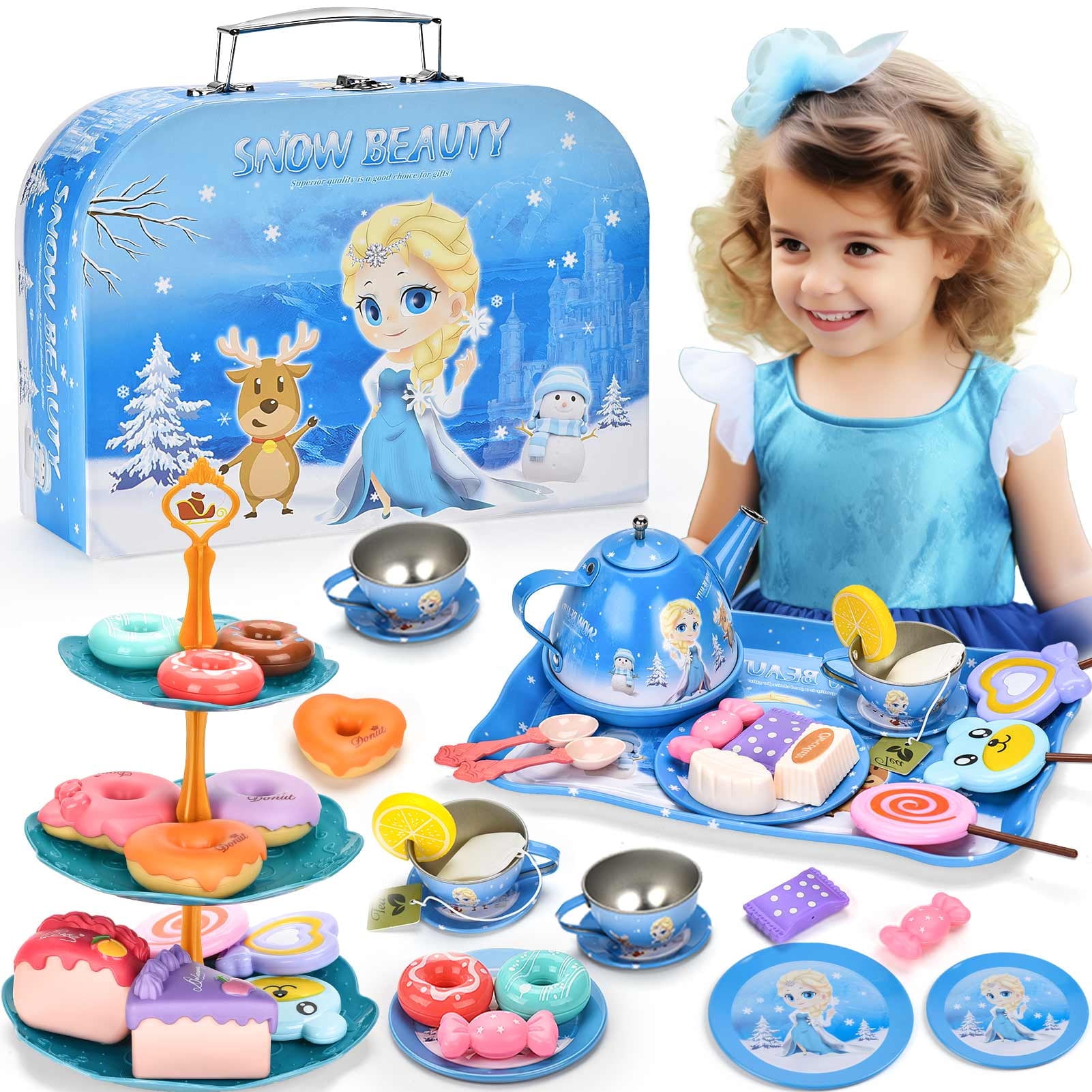 Princess Tea Party Set for Little Girls Pretend Tin Tea Set with Case, Kitchen Toy, Birthday Gift for Ages 3-6