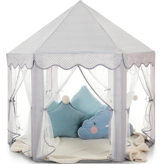 Princess Tent Girls Large Playhouse Kids Castle Play Tent with Star Lights Gift Toy for Children Indoor and Outdoor Games, 55'' x 53'' (DxH) (Grey)