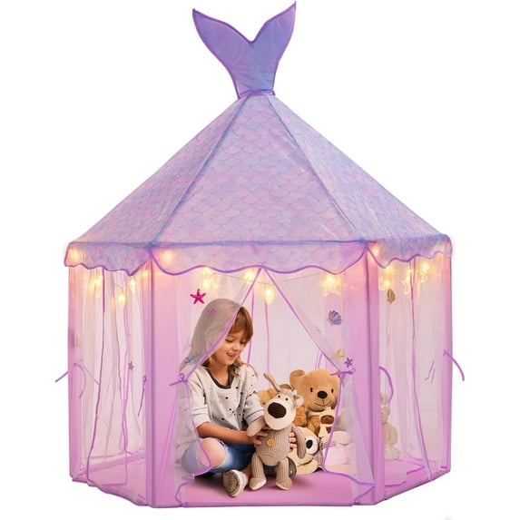 Princess Tent for Girls with Lights, Large Pretend Play Tent Castle w/Carry Bag & Stickers & Detachable Fishtail Top Indoor, 67”x55” Ocean-Theme Kids Playhouse Gift for Toddler Age 3+