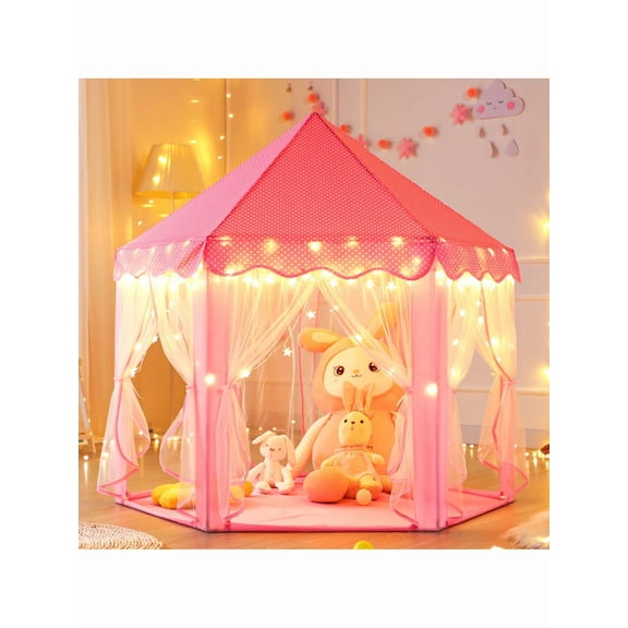 Princess Tent with Rug & Star Lights, Pink Princess Castle Indoor Tent for Kids, Girls Castle Playhouse, Light Up Tent for Girls Room, Playhouse Tent Ages 3-10
