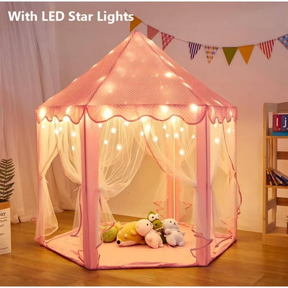 Princess Tent for Kids - 55" X 53" with Rug & LED Star Lights, Princess Castle Playhouse Tent, Girls Indoor and Outdoor Games