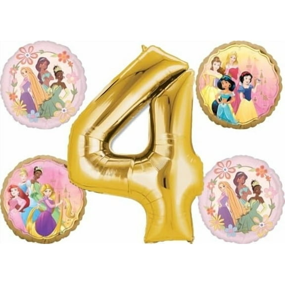 Princess Theme 4th Birthday Party Supplies 5pc Balloon Bouquet Decorations