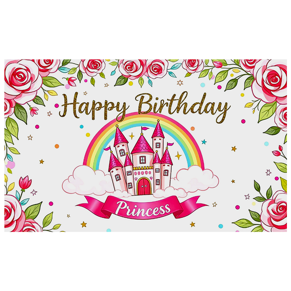 Princess Themed Happy Birthday Banner with Castle Rainbow Roses Background, Party Decorations for Girls Birthday Party Photography Props Backdrop Decor