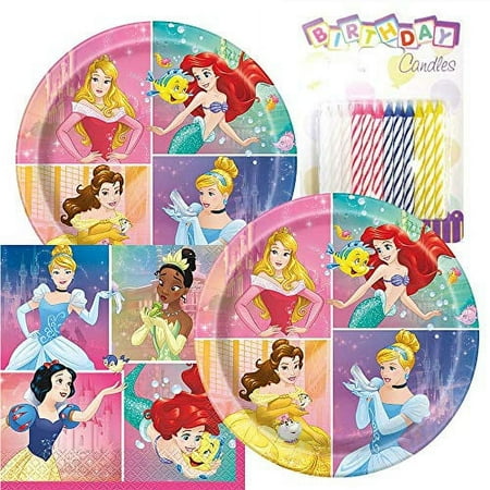 Princess Themed Party Pack ? Includes Paper Plates & Luncheon Napkins Plus 24 Birthday Candles ? Servers 16