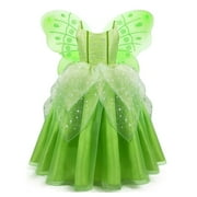 KAWELL Princess Tiana Dress Party Costume for Little Girls Fancy Christmas/Halloween Child Role Play Green Fairy Skirt with Wings ,3/4t