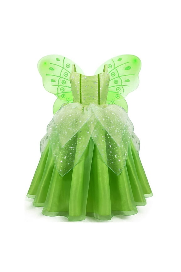 Princess Tiana Dress Party Costume for Little Girls Fancy Christmas/Halloween Child Role Play Green Fairy Skirt with Wings ,5/6