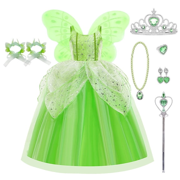 Princess Tiana Dress Party Costume for Little Girls Fancy Christmas/Halloween Child Role Play Green Fairy Skirt with Wings ,3/4t