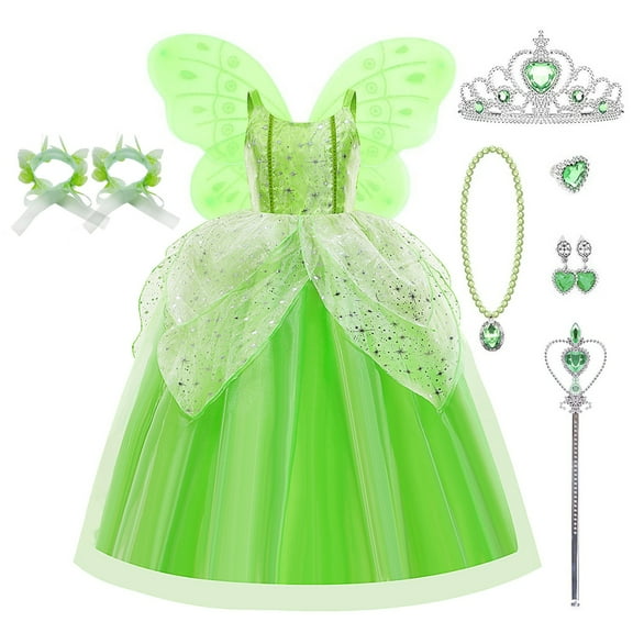 Princess Tiana Dress Party Costume for Little Girls Fancy Christmas/Halloween Child Role Play Green Fairy Skirt with Wings