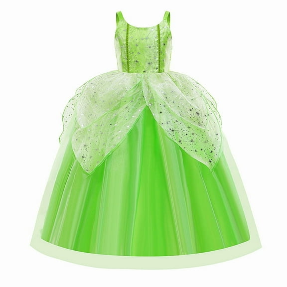 Princess Tiana Dress Party Costume for Little Girls Fancy Christmas/Halloween Child Role Play Green Fairy Skirt with Wings