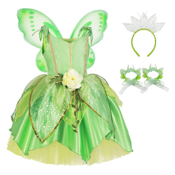 Princess Tinker Bell Costume for Girls Halloween Elf Fairy Cosplay Dress up w/Headband&Bracelet&Wing