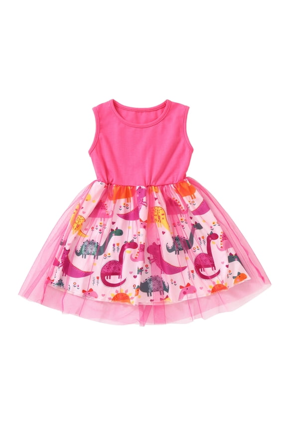 Princess Tulle Dress Party Baby Toddler Kids Patchwork Sleeveless Dinosaur Dress for 1 Year Old Girl