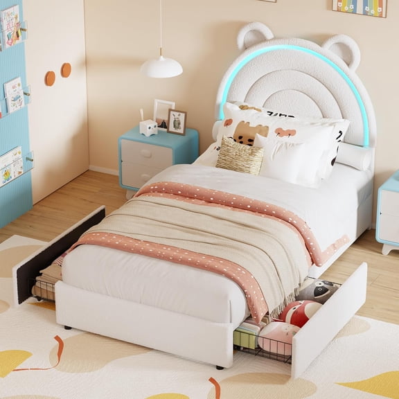 Princess Twin Size Bed Frame with 2 Storage Drawers & LED Lights, Upholstered Platform Bed with Rainbow Headboard, Solid Wood Slats Support, No Box Spring Needed, White