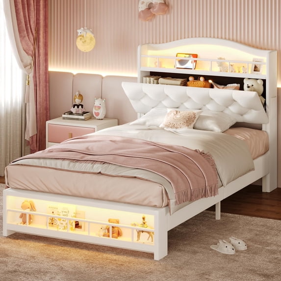 Princess Twin Size Platform Bed with Hidden Storage Headborad, Sturdy,Twin Girls Bed with LED Lights and Charging Station, No Box Spring Needed,Noise-Free,Easy Assembly, White