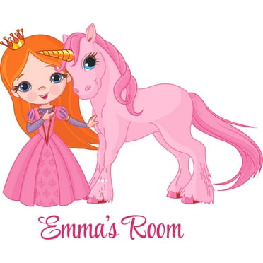 Princess and Unicorn Cute Cartoon Customized Wall Decal - Custom Vinyl Wall Art - Personalized Name - Baby Girls Boys Kids Bedroom Wall Decal Room Decor Wall Stickers Decoration Size (20x40 inch)