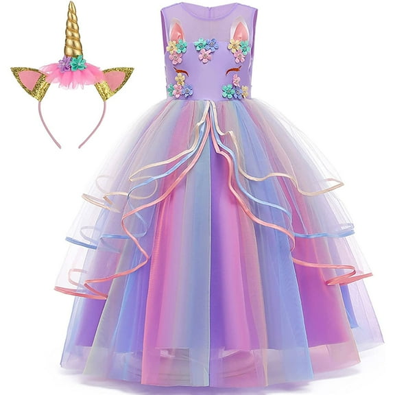 Princess Unicorn Dress for Girls with Headband Birthday Pageant Halloween Party Costume
