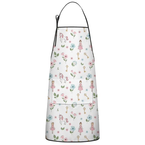 Princess Unicorn Flower Pattern Apron-Garden Aprons for Women with Pockets-Cotton Linen Waterproof Kitchen Cooking Gardening Aprons Adjustable for Kitchen,Cooking,BBQ and Salon 33x27 Inch