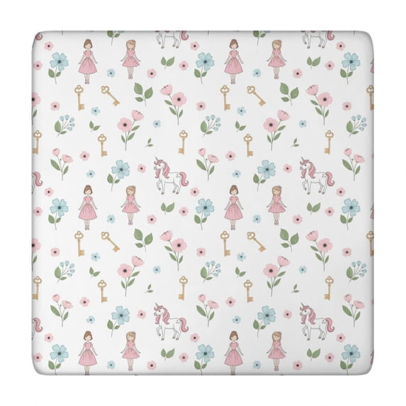 Princess Unicorn Flower Pattern Square Fitted Tablecloth with Elastic Edge,Square Table Cover,Washable Elastic Table Cover for Home Kitchen Party Decor 34"x34"