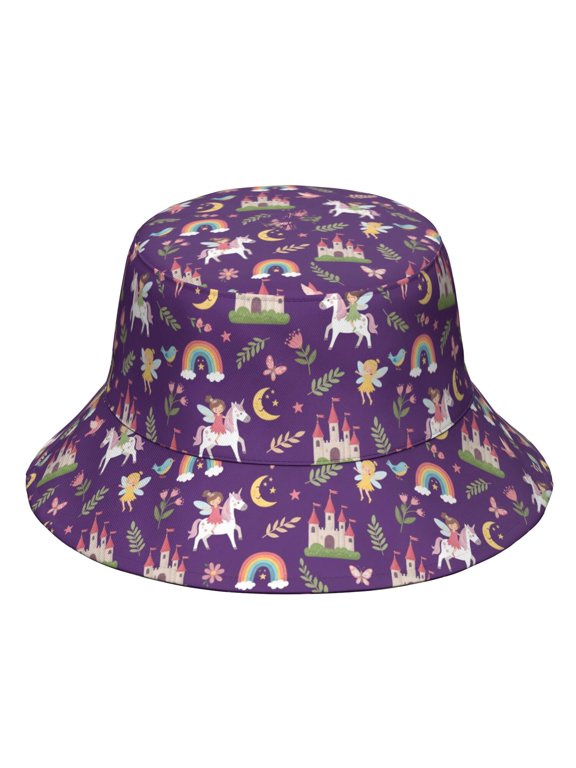 Princess and Unicorn Purple Pattern Bucket Hat, Beach Bucket Hat with Wide Brim & Breathable Fabric, UV Sun Protection Gifts for Hiking Camping Fishing Beach