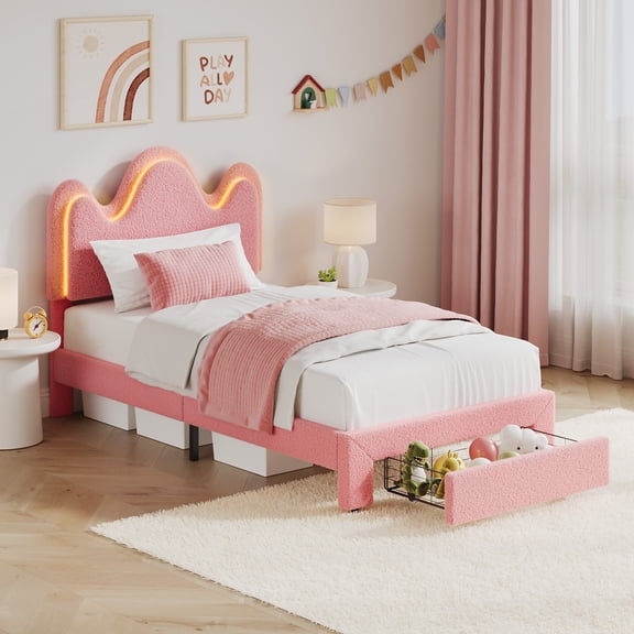 Princess Upholstered Bed Frame with LED Headboard & Storage Drawers - Boucle Soft, Strong Wood Slats, No Box Spring, Easy Assembly - Pink, Twin