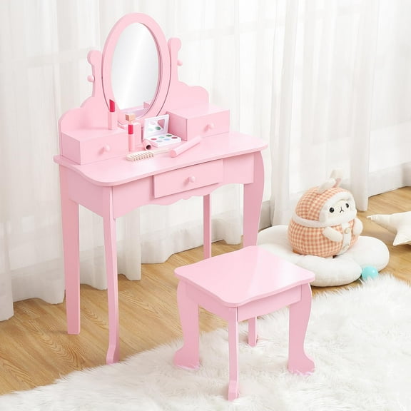 Princess Vanity Set for Little Girls – Complete Makeup Dressing Table & Stool Playset Perfect Pretend Play Station for Ages 3-9