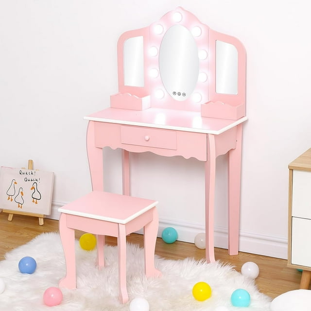 Princess Vanity Set for Toddlers Kids Vanity with 3 Mirror & Light