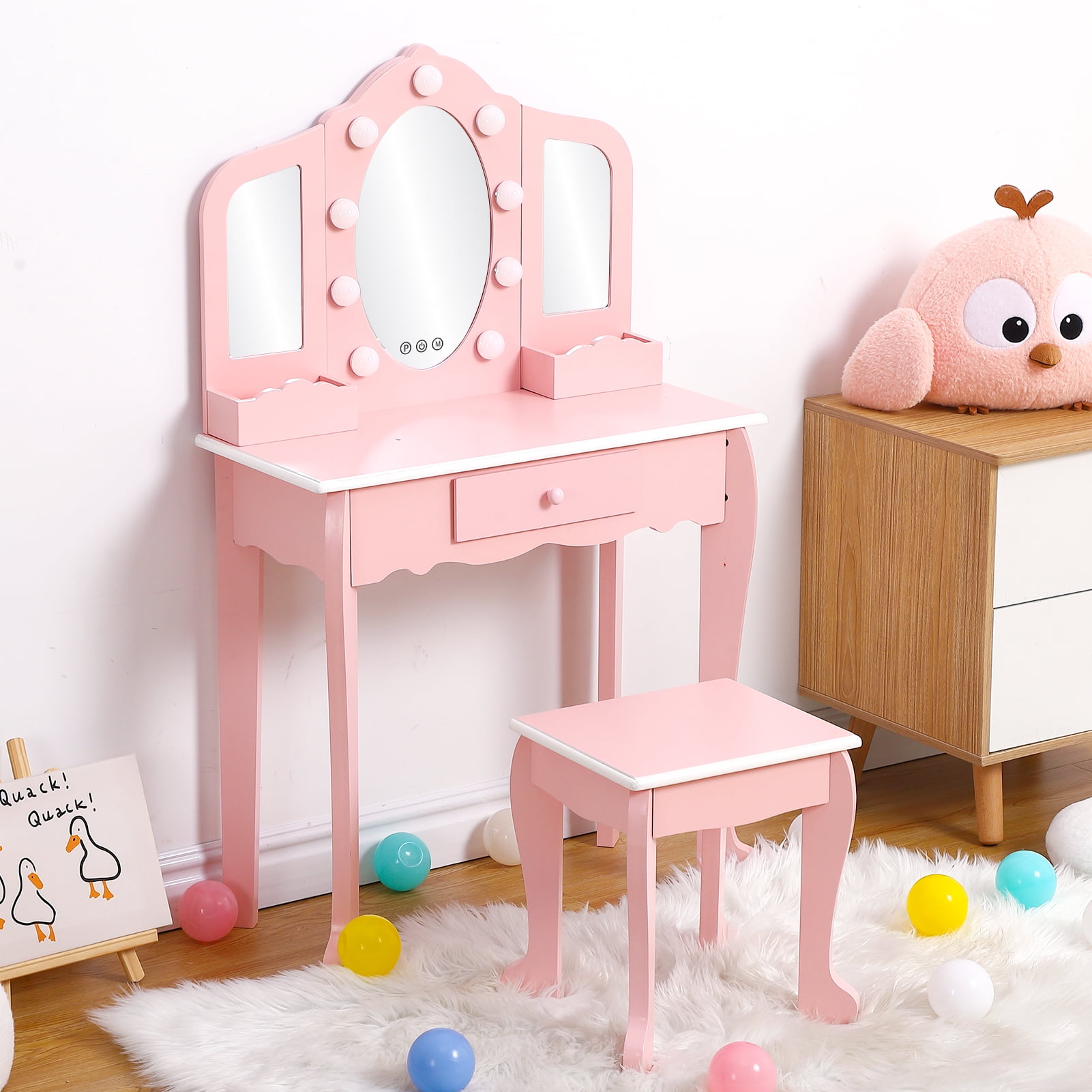 Princess Vanity Set for Toddlers Kids Vanity with 3 Mirror & Light