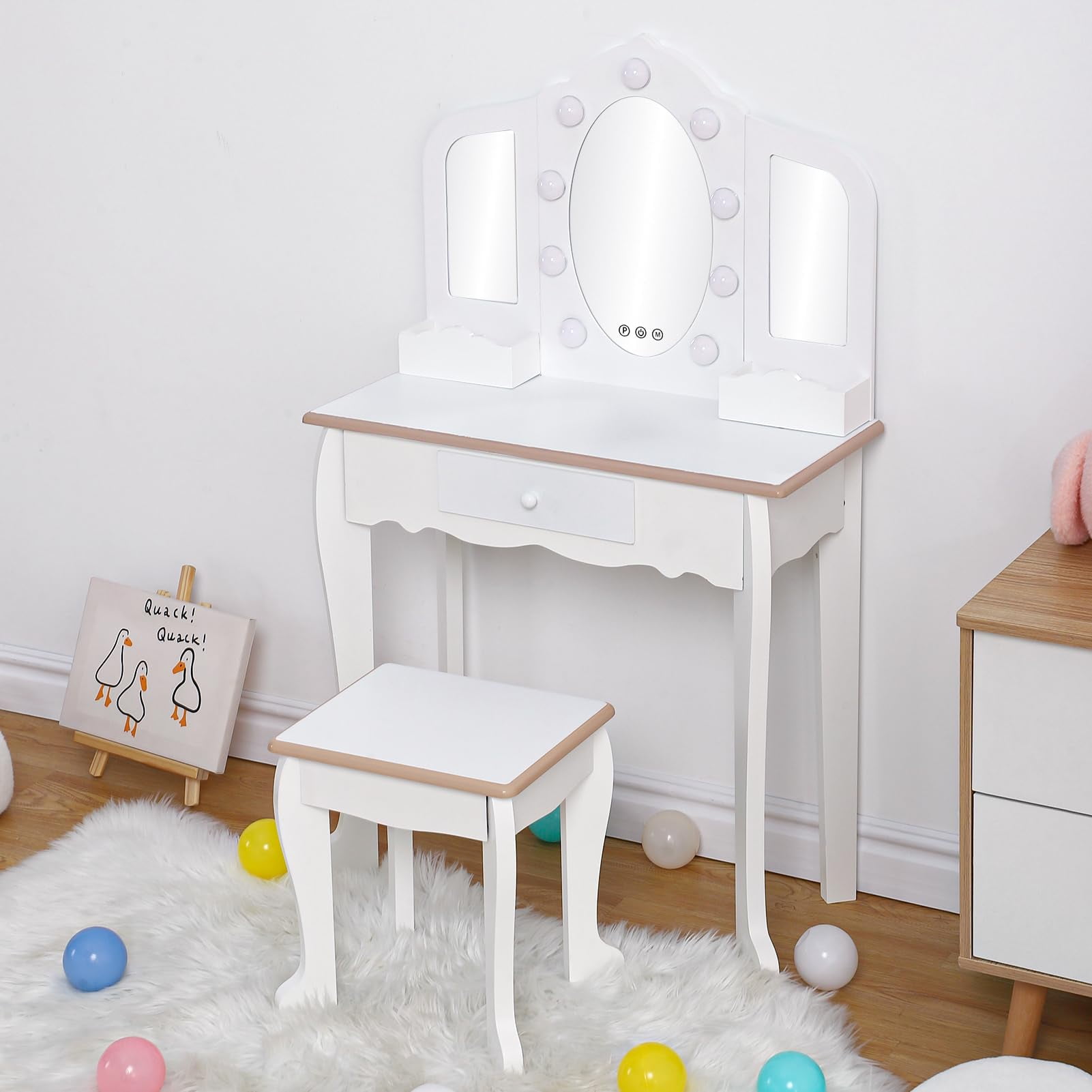 Princess Vanity Set for Toddlers Kids Vanity with 3 Mirror & Light
