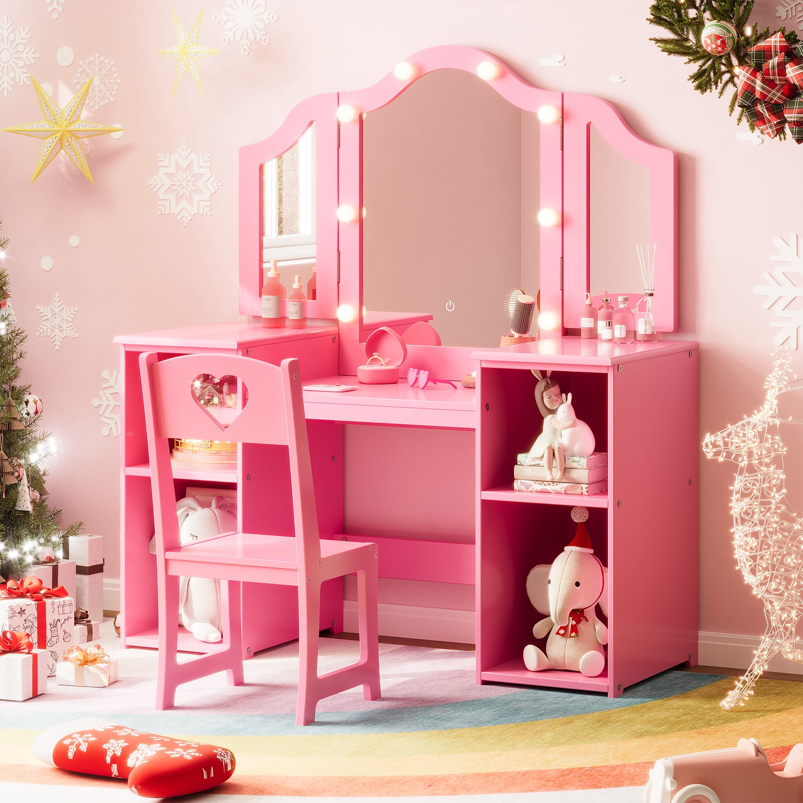 Princess Vanity Table & Chair Set for Girls with Tri-Folding Mirror